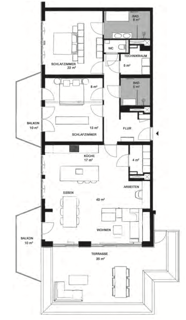 Grundriss einer Wohnung mit Schlafzimmern, Küche, Wohnzimmer, Bädern, Balkonen und Terrasse.